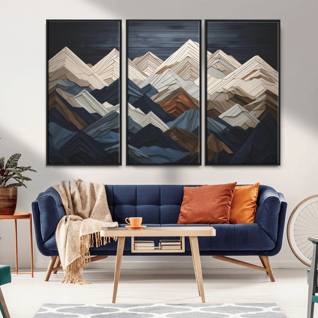 Rustic Mountain Landscape Wall Art Canvas Print, Framed 3D Wooden Effect Mountain Art