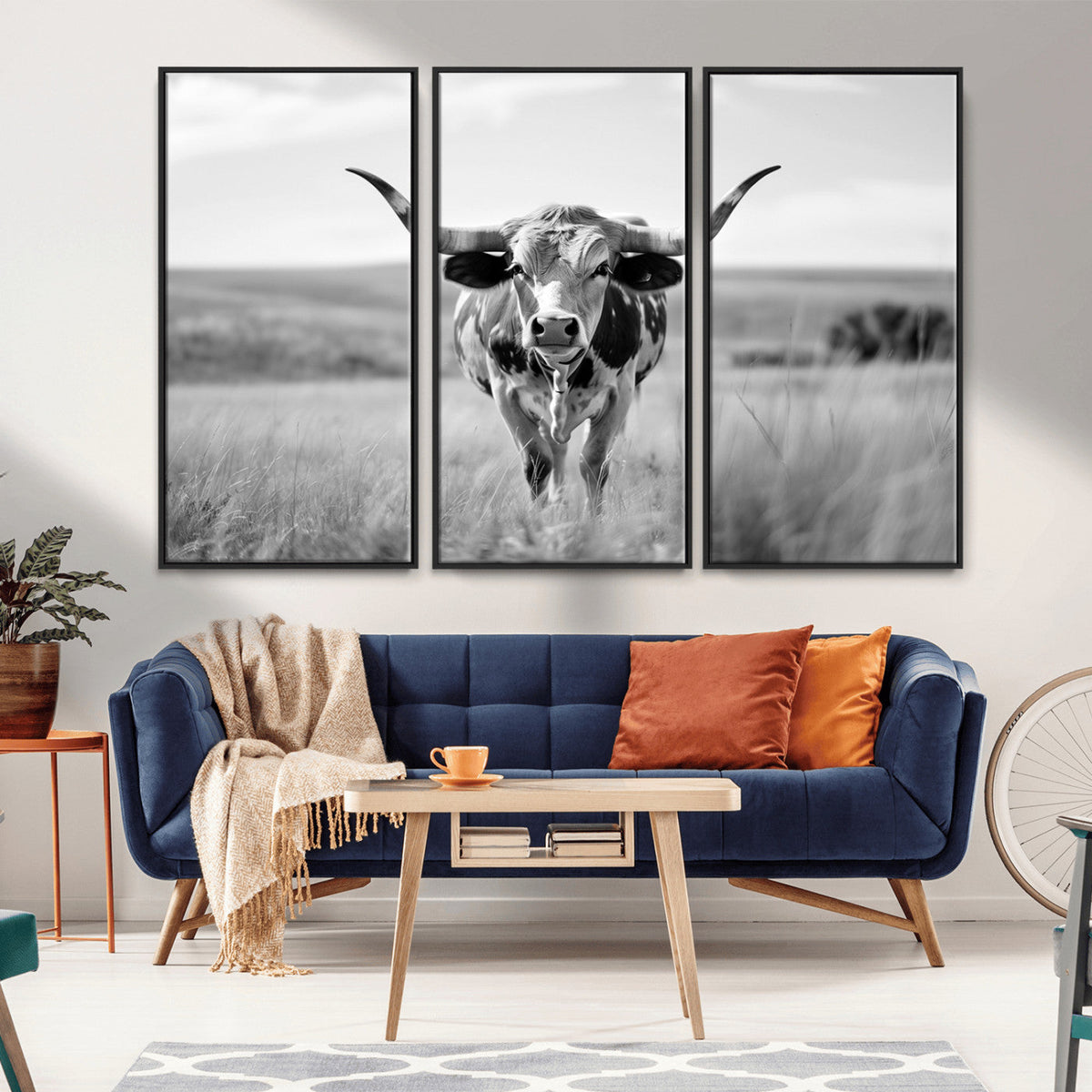 Texas Cow Longhorn Wall Art Canvas Print for Farm House Wall Art, Framed and Ready to Hang