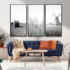 Vintage Farmhouse Black and White Triptych Wall Art, Giclee Canvas with Wheat Fields, Hay Bales and Windmill