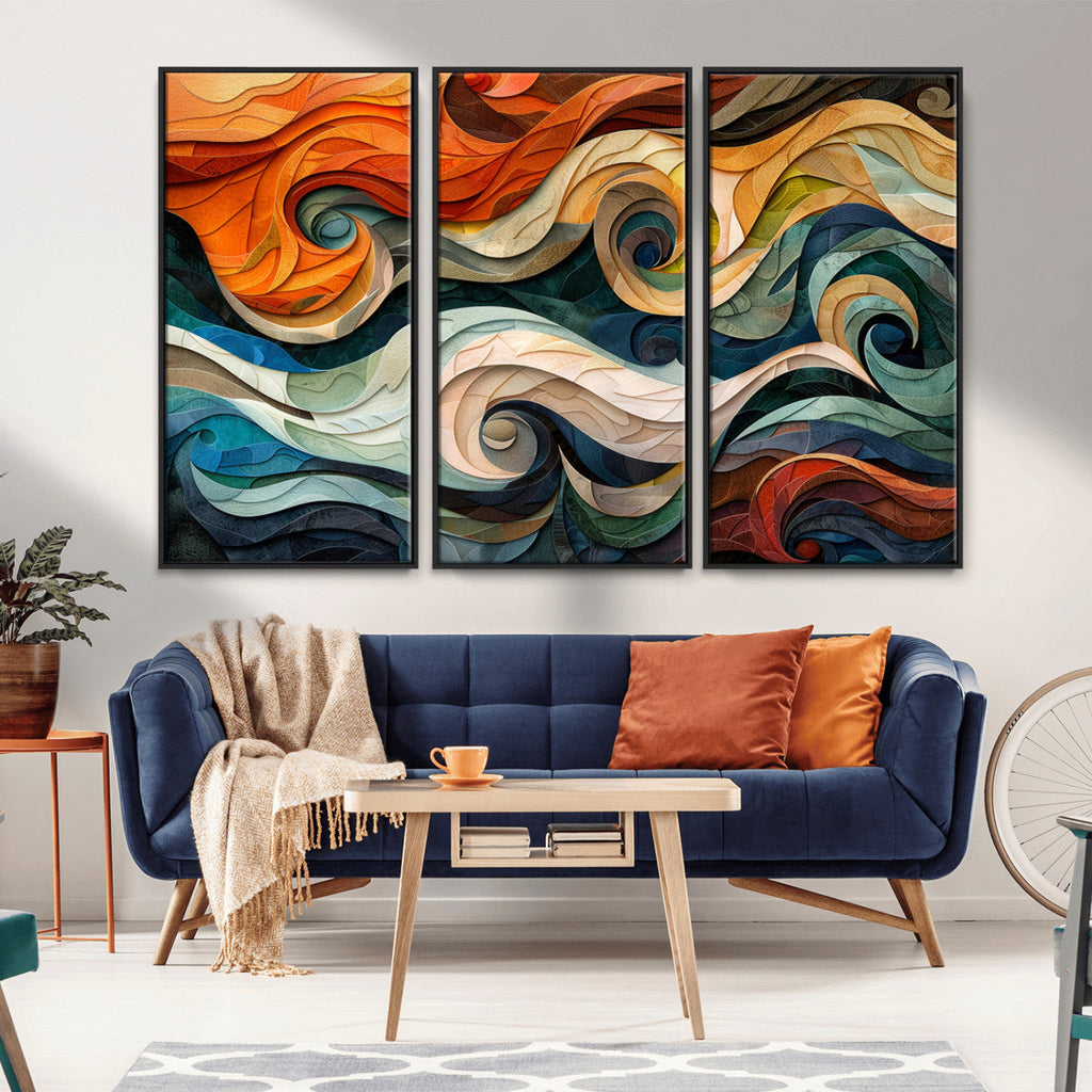 Abstract Wave Wall Art, Ready to Hang Framed Canvas Print | Extra Large 3 Piece Canvas Wall Art