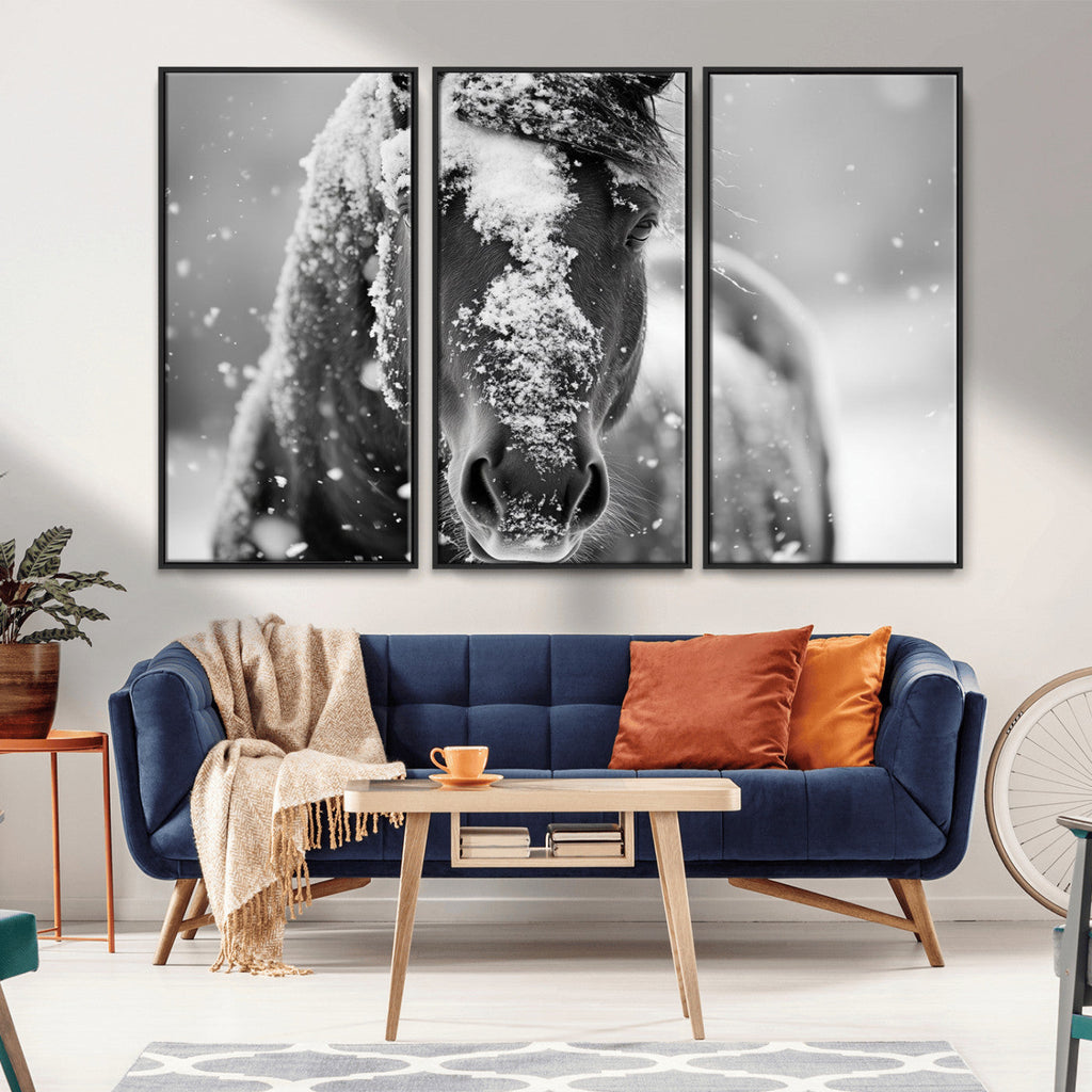 Black and White Horse Winter Wall Art, Ready to Hang