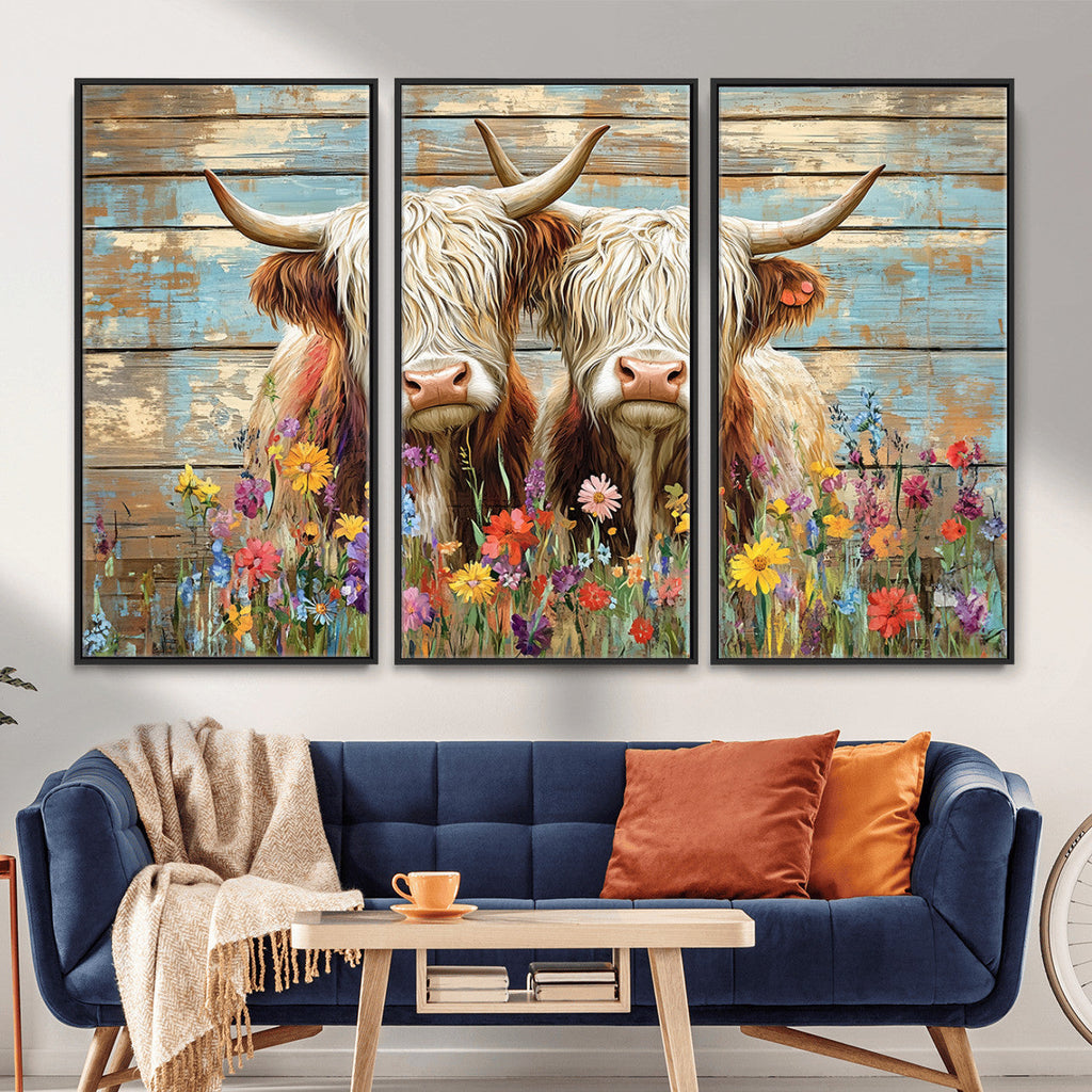 Cute Highland Cow Canvas Wall Art - Rustic Farmhouse Decor