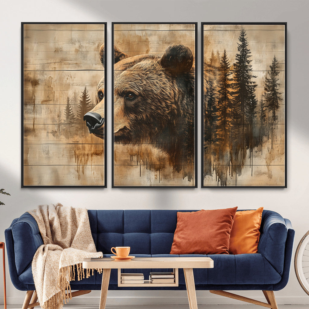 Rustic Grizzly Bear Wall Art, Abstract Grizzly 399 Bear Canvas Print, Woodland Wildlife
