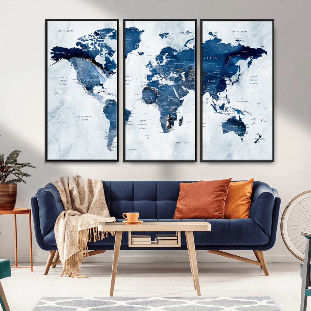 Modern Blue World Map Canvas Print | Elegant Travel Map Wall Art for Home Office