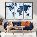 Modern Blue World Map Canvas Print | Elegant Travel Map Wall Art for Home Office