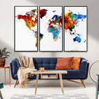 Colorful World Map Canvas Wall Art Print, Contemporary Global Map Artwork