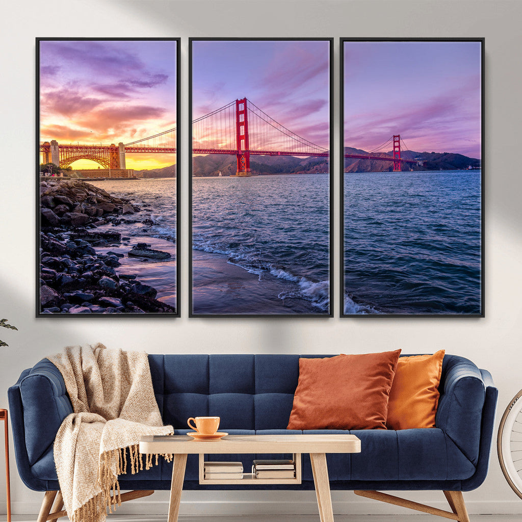 Golden Gate Bridge Wall Art Canvas Print, Framed San Francisco Sunset Landmark
