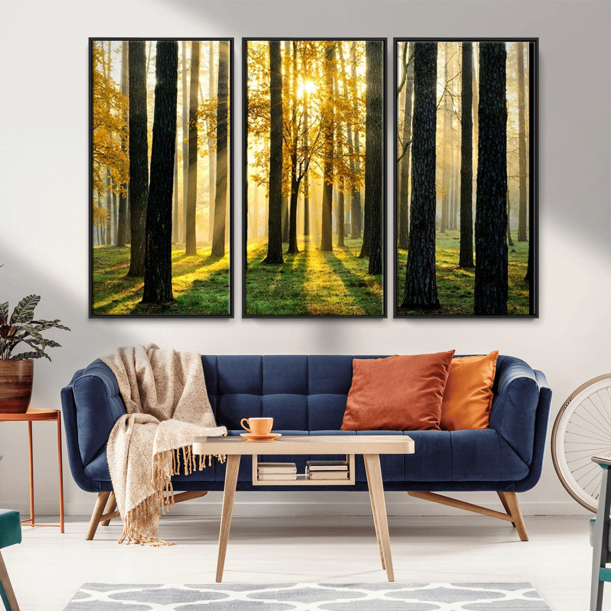 Sunlit Forest Wall Art Canvas Print, Large Framed Woodland Scene with Golden Light