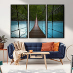 Suspension Bridge Over River Canvas Art | 3-Panel Nature Wall Art