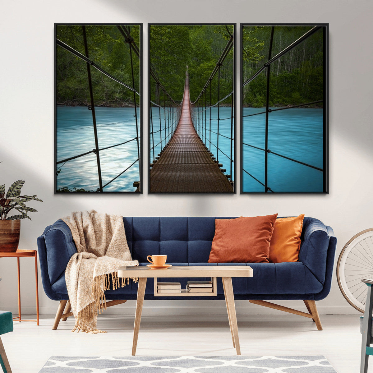 Suspension Bridge Over River Canvas Art | 3-Panel Nature Wall Art