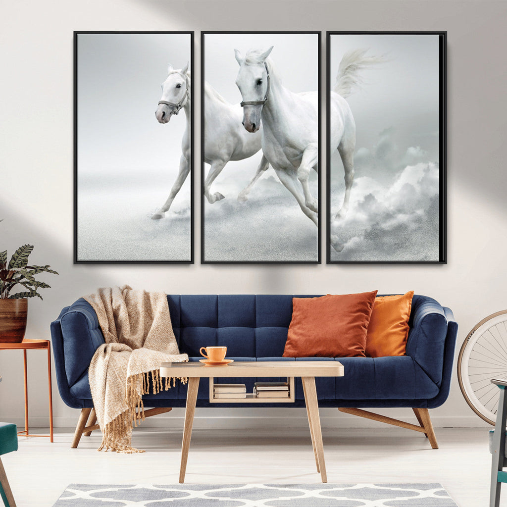 Large Wall Art Canvas Print, Beautiful Running White Horses