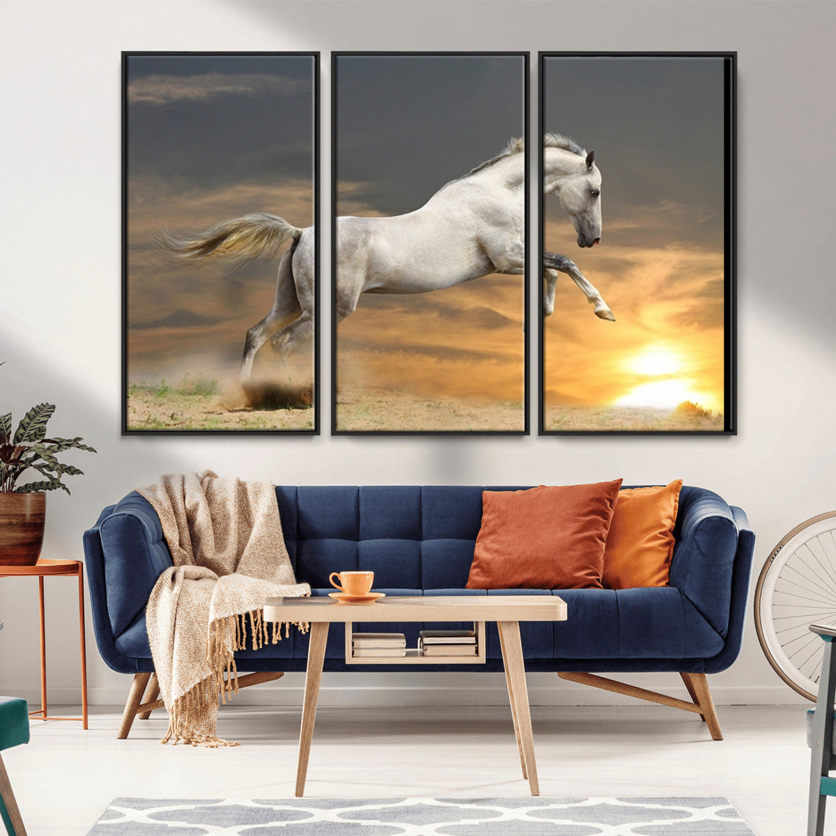 Large Wall Art Canvas Print, White Jumping Horse at Sunset