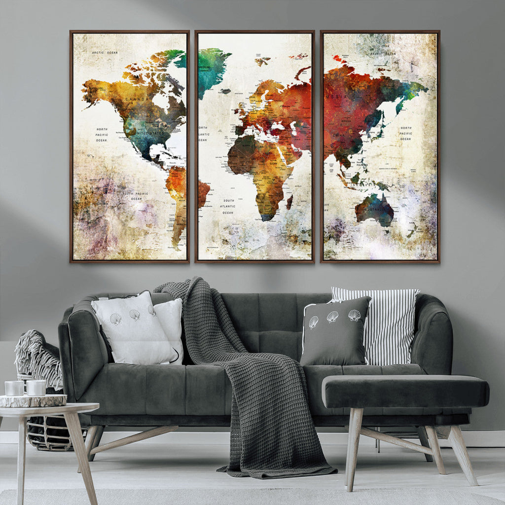 Watercolor World Map Canvas Print | Framed Travel Map Wall Art for Couples