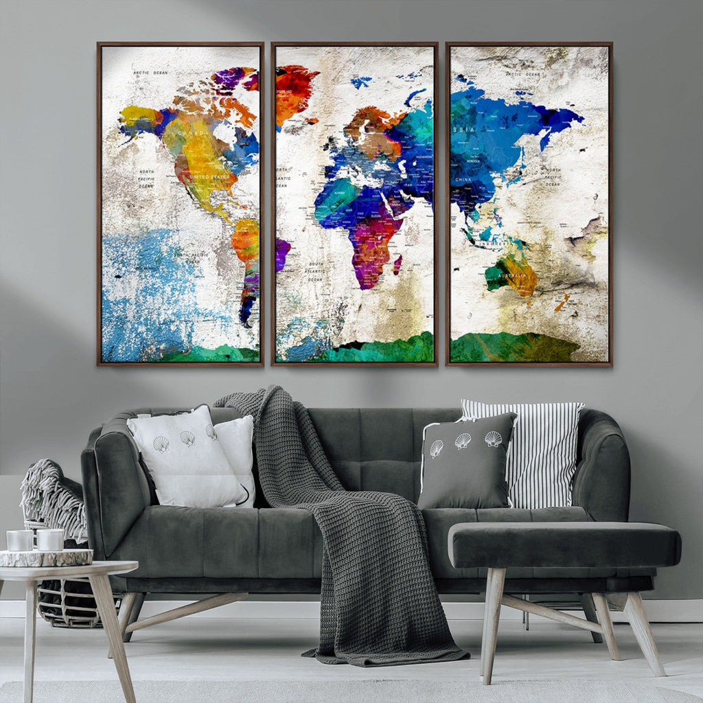 Navy Blue and Orange Watercolor World Map Canvas Print | Framed Travel Map