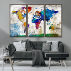 Navy Blue and Orange Watercolor World Map Canvas Print | Framed Travel Map