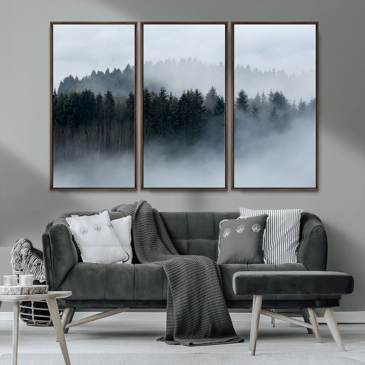 Autumn and Misty Trees in the Forest Wall Art Canvas Print, Foggy Forest Mountain Wall Art