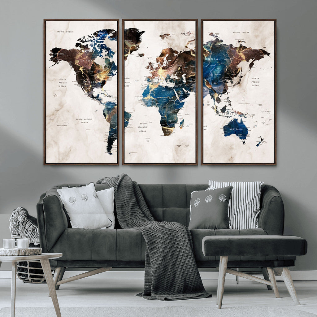 Abstract Earth Tone Blue World Map Canvas Print | Framed Travel Map Wall Art