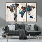 Abstract Earth Tone Blue World Map Canvas Print | Framed Travel Map Wall Art