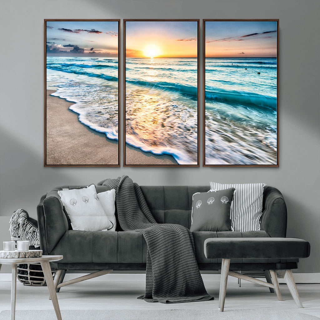 Sunset Beach Waves Canvas Wall Art | Ocean Sunset Coastal Print