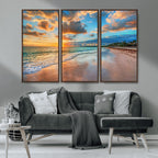 Sunset Beach Canvas Wall Art | Tropical Triptych Seascape Print