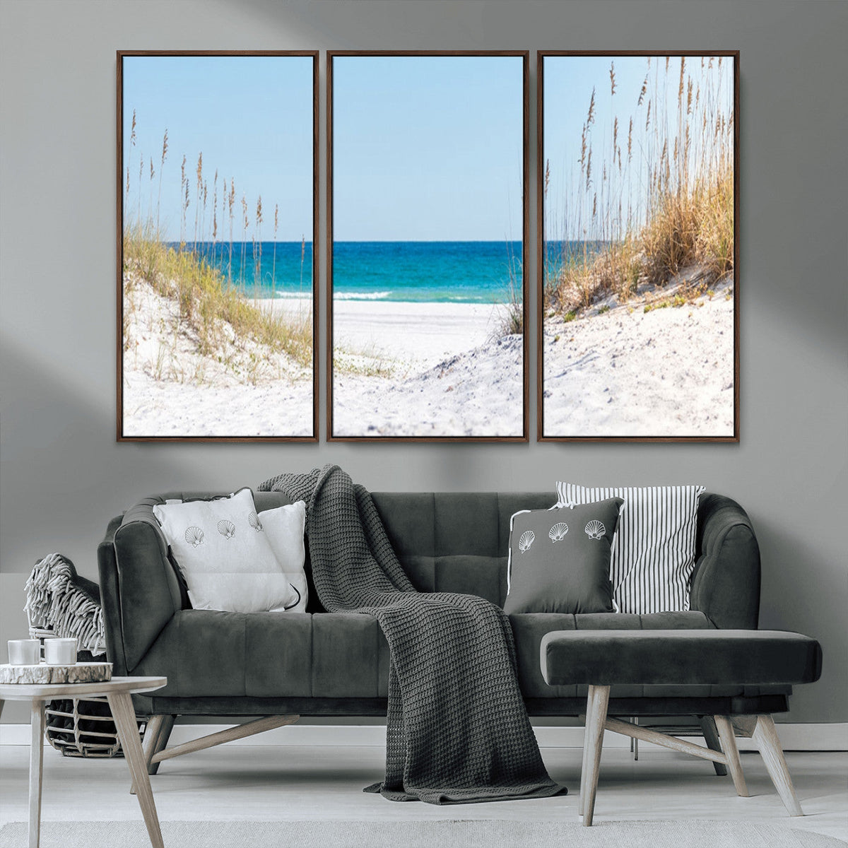 Serene Coastal Dune Path with Ocean View, 3-Panel Beach Canvas Wall Art