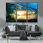 Ocean Wave at Sunset Canvas Art, Large Wall Print of Vibrant Surfing Wave