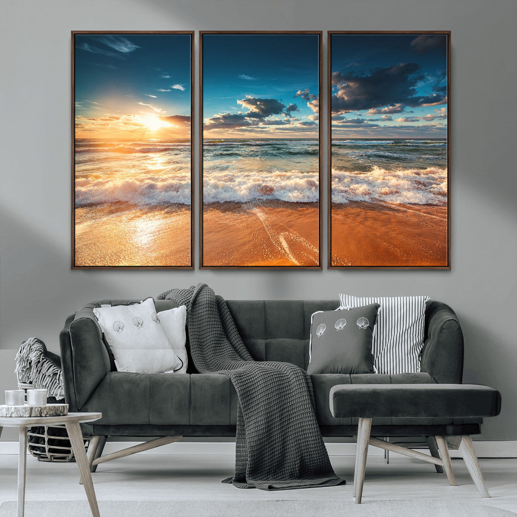 Golden Sunset Beach Triptych Canvas Art, Giclee Coastal Wall Decor, Ocean Waves Print