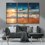 Golden Sunset Beach Triptych Canvas Art, Giclee Coastal Wall Decor, Ocean Waves Print