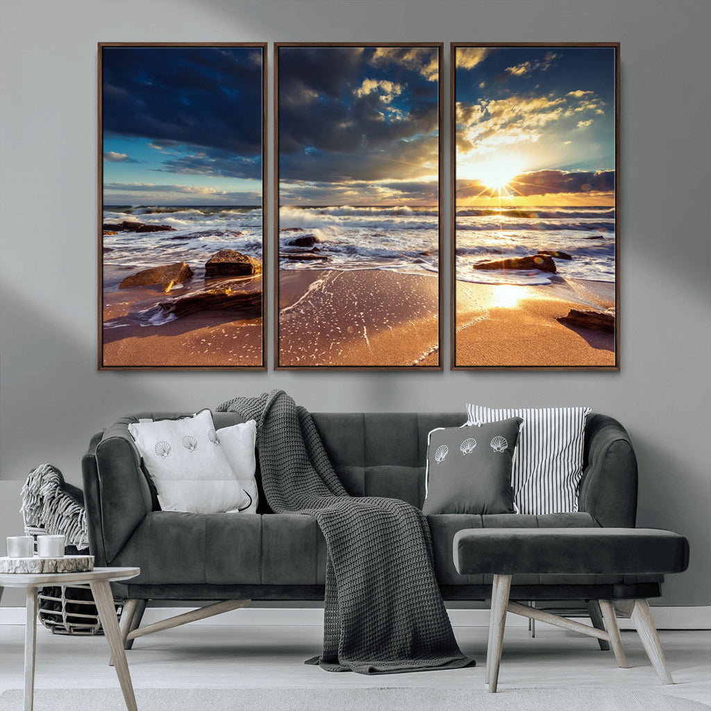 Golden Hour Beach Sunset Canvas Triptych, Ocean Waves and Rocks Wall Art