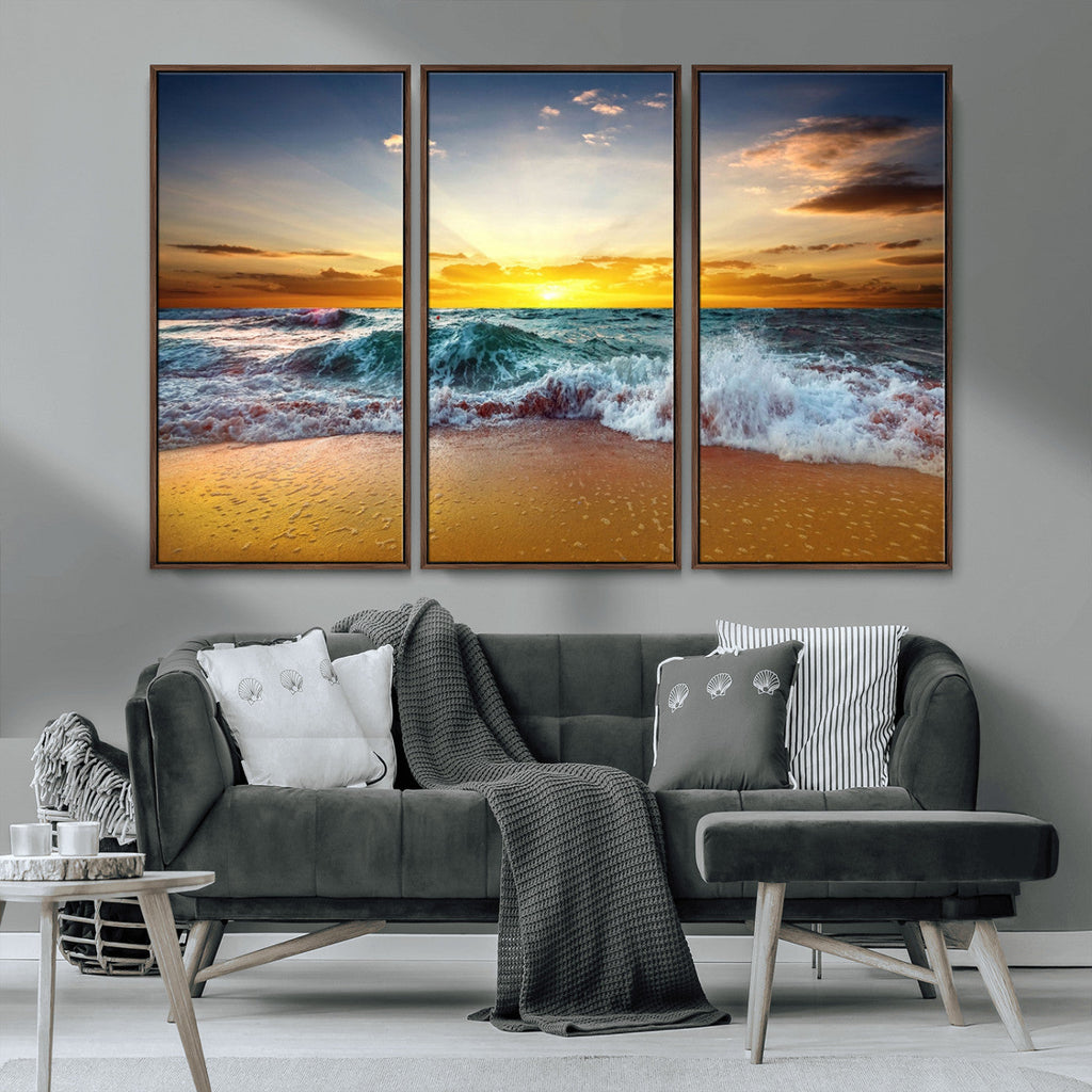 Golden Sunset Ocean Waves Wall Art Canvas Print | Multi Panel Beach Canvas Set, Coastal Triptych