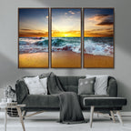 Golden Sunset Ocean Waves Wall Art Canvas Print | Multi Panel Beach Canvas Set, Coastal Triptych