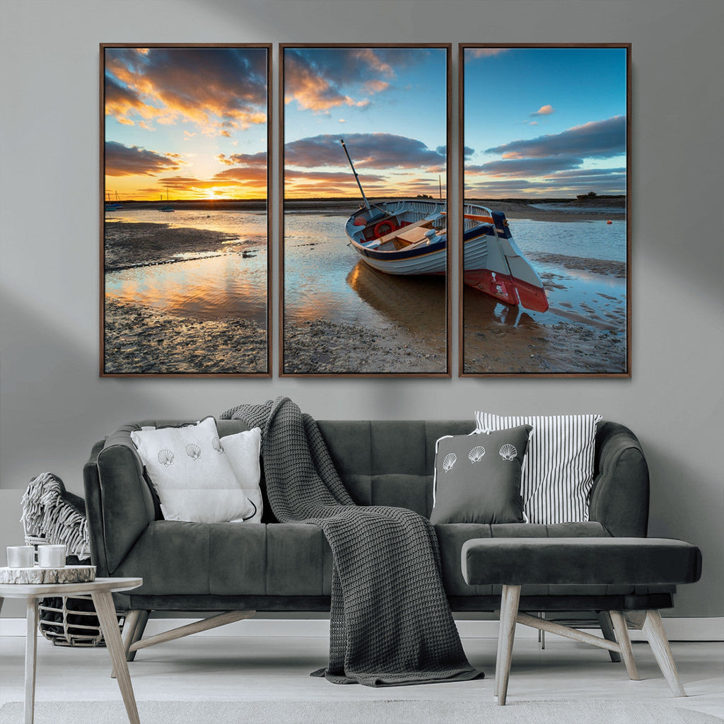 Small Boat At The Beach Sunset Wall Art, Boat Sunset Wall Art Canvas Print