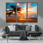 Palm Tree Sunset On The Beach Wall Art Canvas, Framed Palm Tree Sunset Canvas Print