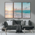 Tranquil Ocean Beach Sunset Canvas Wall Art | 3-Panel Coastal Decor
