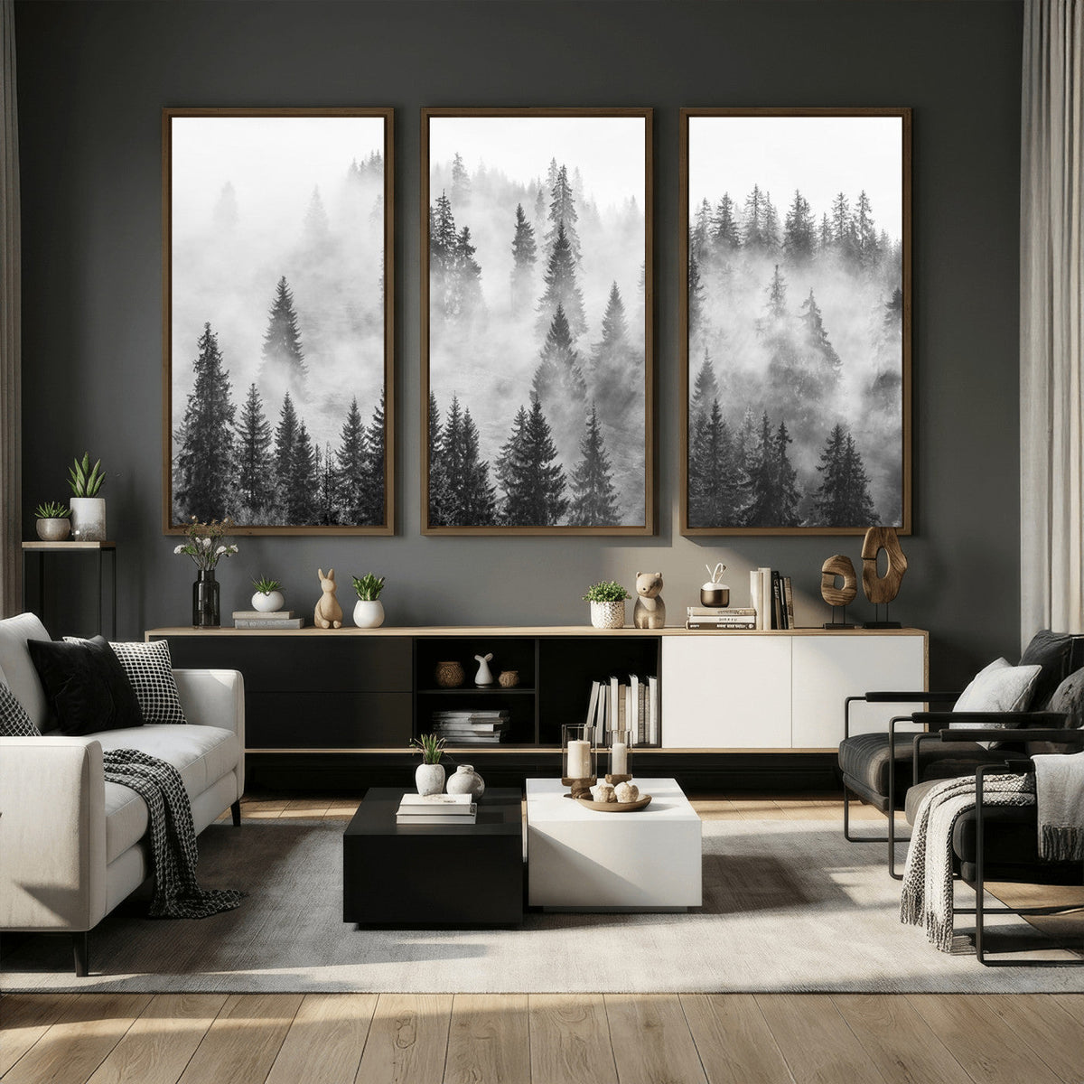 Forest Wall Art Print | Foggy Pine Forest Canvas Wall Art, Black and White Nature Decor