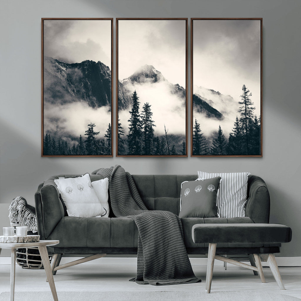Forest Mountain Print | Black and White Canvas Wall Art with Misty Forest Design