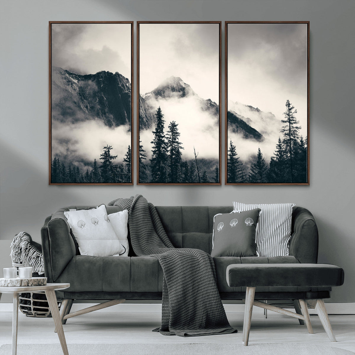 Forest Mountain Print | Black and White Canvas Wall Art with Misty Forest Design
