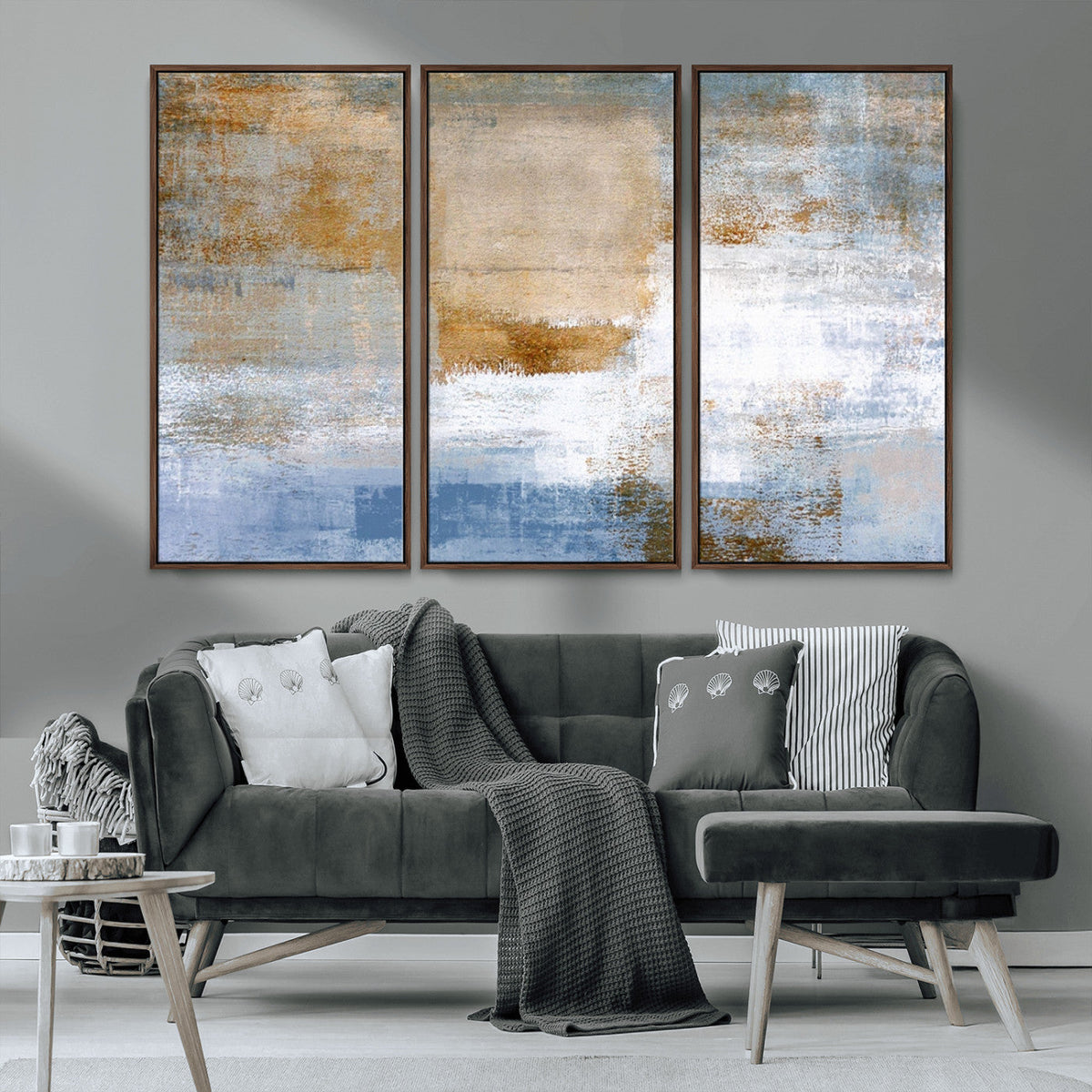 Blue Multi Panel Abstract Wall Art Canvas, Abstract Blue and Gold Canvas Print