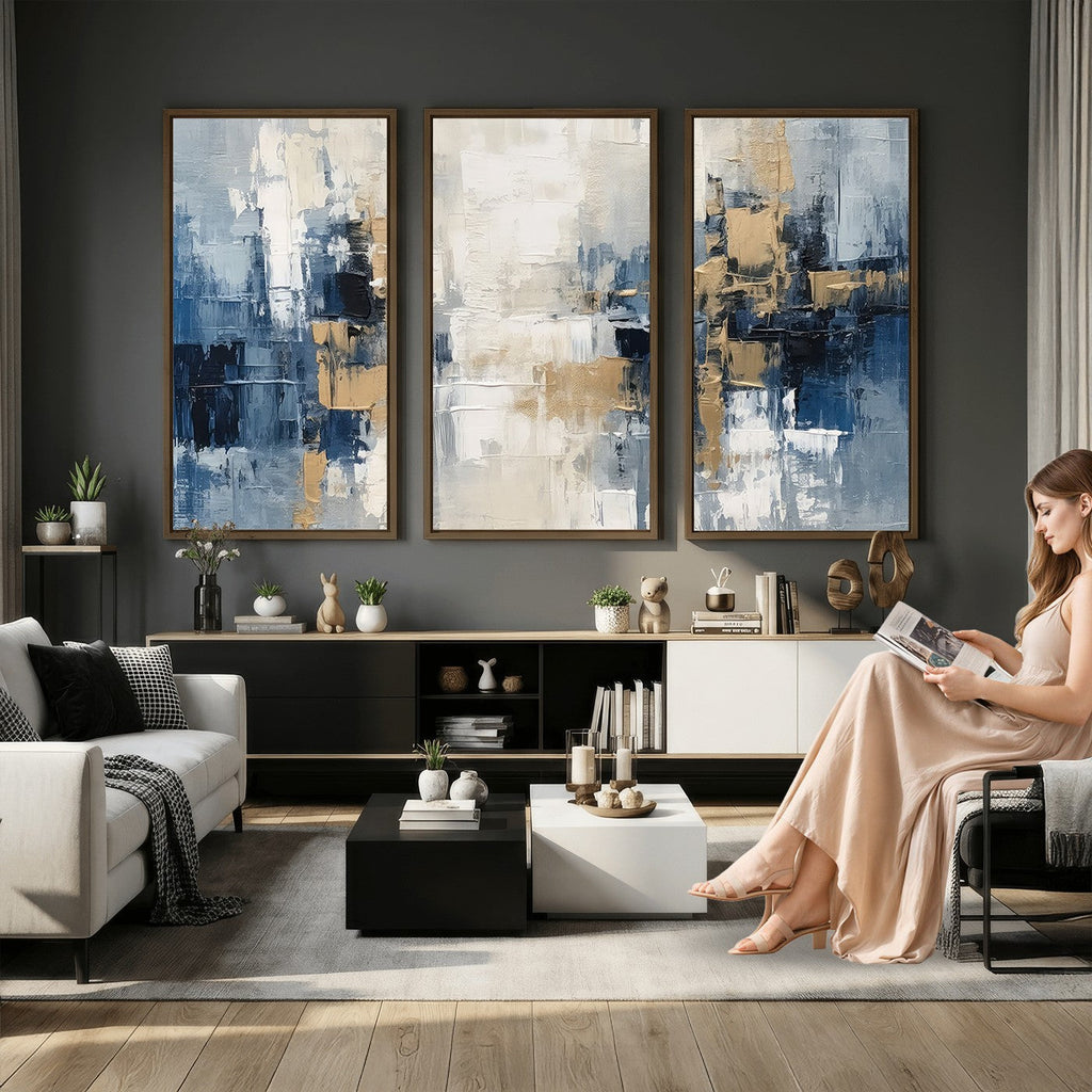 Modern Abstract Canvas Wall Art in Blue and Gold Tones | Large Contemporary Art for Living Room