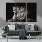 Lion Couple Wall Art Canvas Print, Elegant Black and White Wildlife Portrait