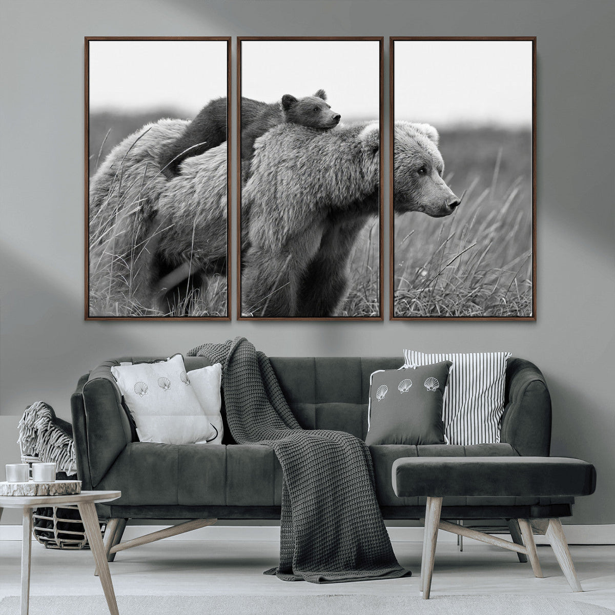 Bear and Cub Wall Art Canvas | Grizzly 399 Bear and Cub Black and White Wildlife Print