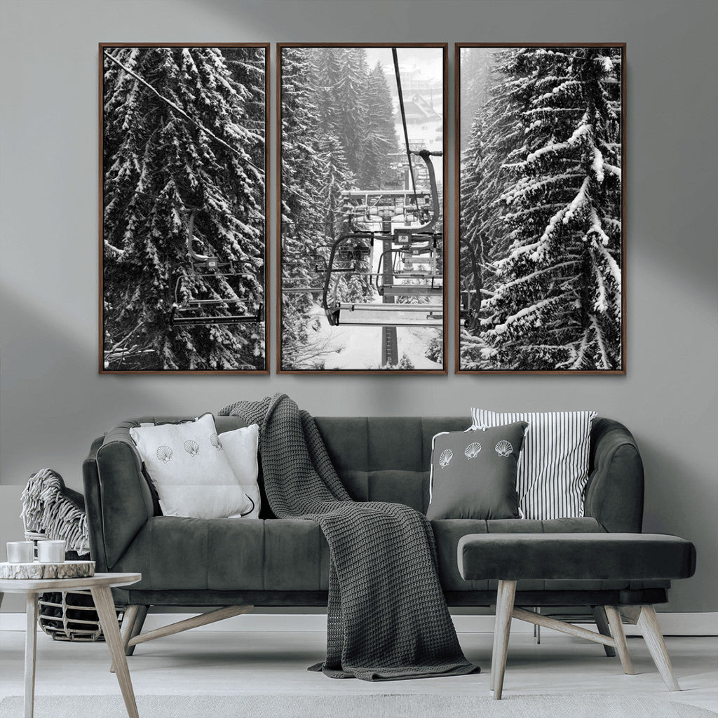 Winter Ski Lift Black and White Canvas Wall Art | Alpine Escape in Minimalist Style