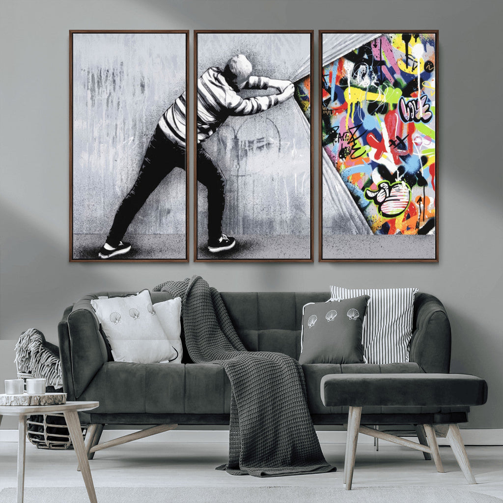 Banksy Art Behind the Curtain Street Wall Art Canvas Print | Urban Graffiti Style Wall Decor