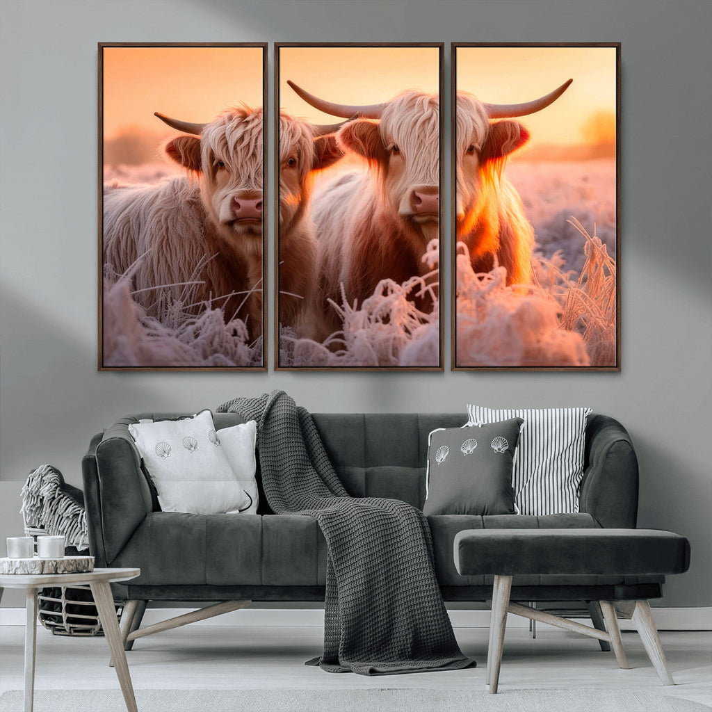Highland Cows at Sunrise Wall Art Canvas Set
