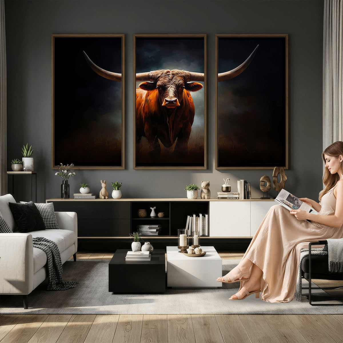 Abstract Texas Longhorn Wall Art Print | 3-Panel Large Texas Longhorn Canvas