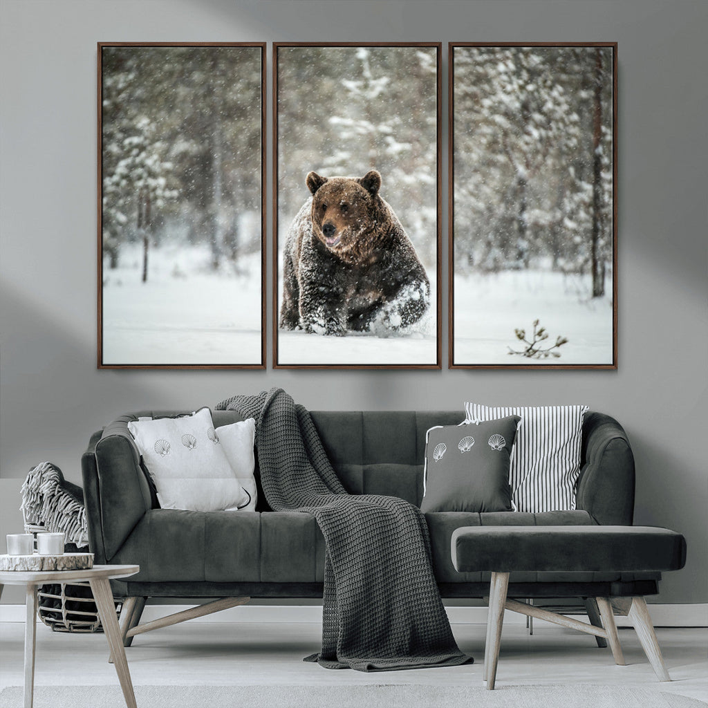 Grizzly Bear Wall Art | Framed Snowy Forest Canvas Artwork