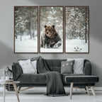 Grizzly Bear Wall Art | Framed Snowy Forest Canvas Artwork