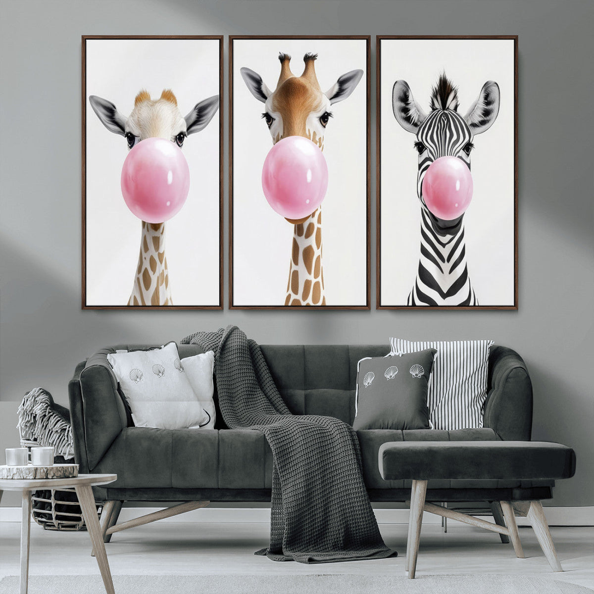 Bubblegum Animals Canvas Wall Art, Playful Giraffe and Zebra Trio, Whimsical Nursery and Kids Room Decor