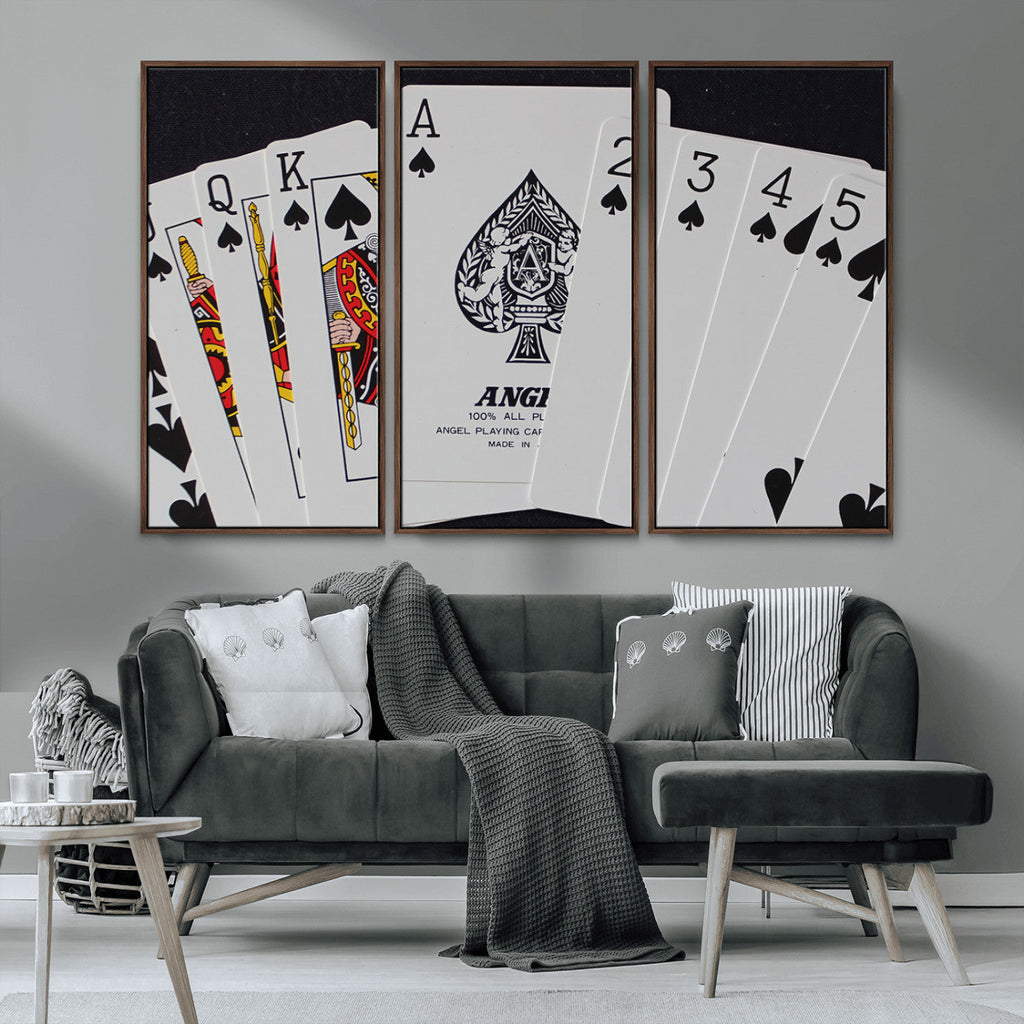 Poker Wall Art - Playing Cards Canvas Wall Art Print - Ace of Spades and Royal Flush Design