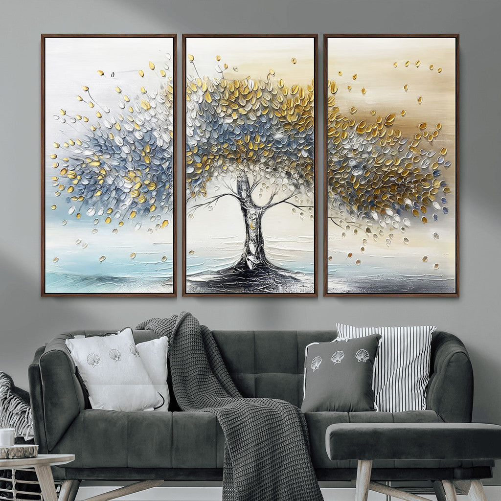 Golden and Silver Tree Wall Art | Framed Elegant Leaves Canvas